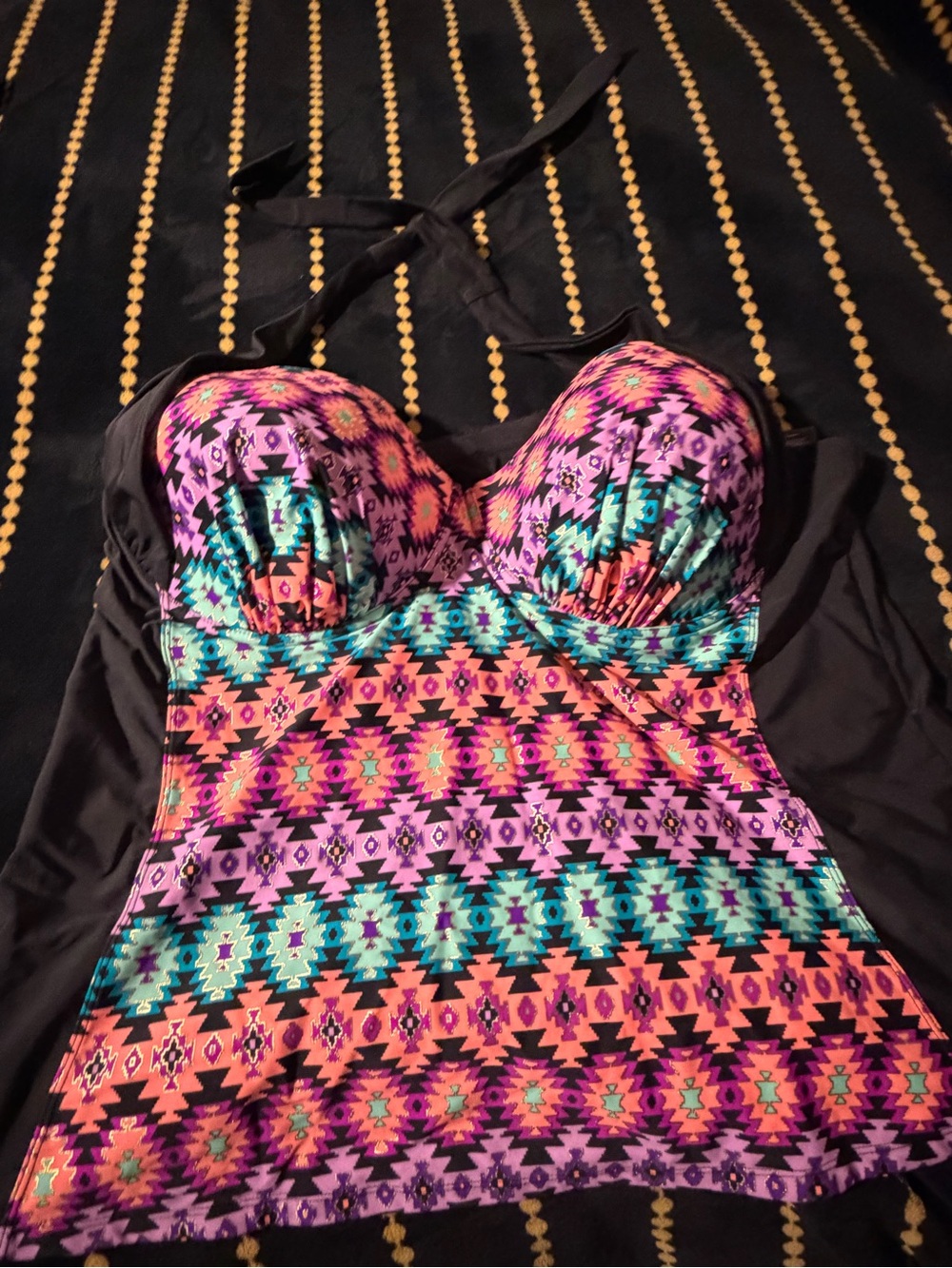 Catalina Black Pink Purple Teal Aztec Bandeau Tankini Top